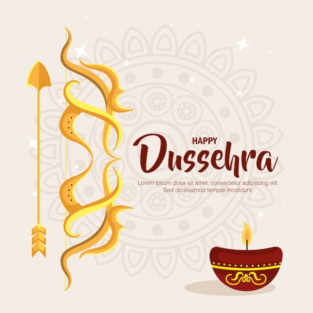 Arco d'oro con freccia e candela su sfondo mandala, happy dussehra festival e tema indiano