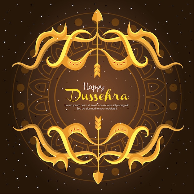 Gold bows with arrows on brown with mandala background design, happy dussehra festival and indian theme