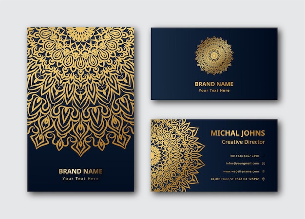 gold business cards with flower oriental mandala