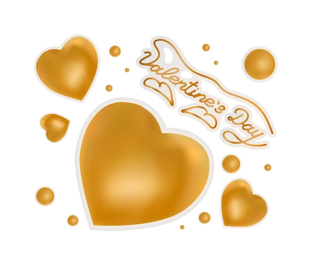 Gold Card for valentines day on white with hearts and hand lettering with glow Vector illustration