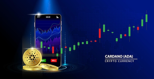 Gold cardano e smartphone coin secure mobile banking finance concept blockchain di criptovaluta