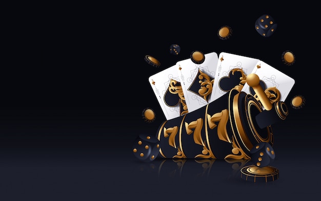 Vector gold casino slot, poker cards, poker chips and dices on the golden background