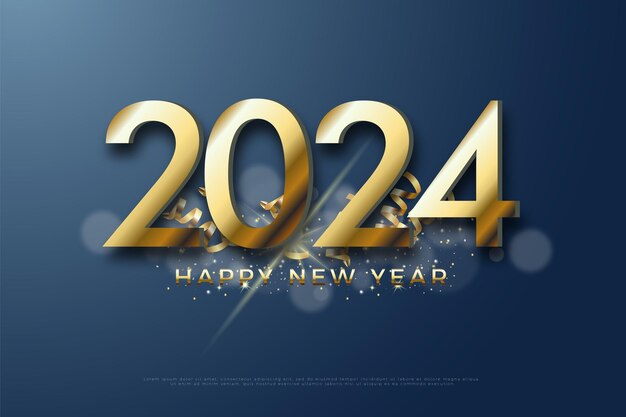 ベクトル ゴールドのお祝いの数字と本物のゴールドのリボン装飾の新しい2024周年記念デザイン