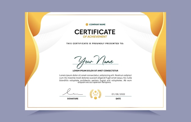 Gold certificate of achievement template. For award, business, and education needs