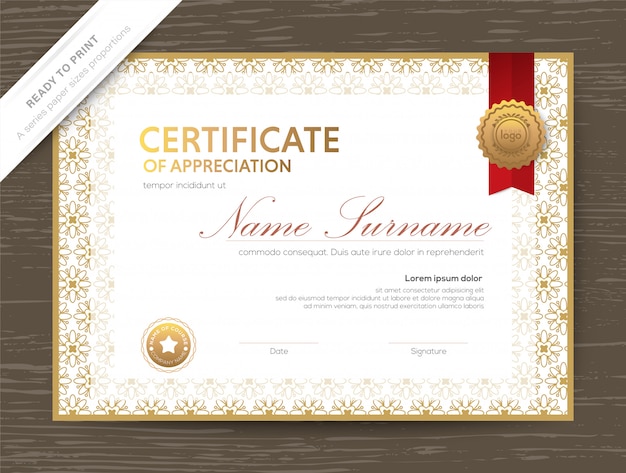 Gold Certificate award diploma template with classic floral border and frame