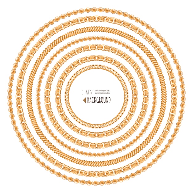 Modello di telaio rotondo catene d'oro isolato su bianco.