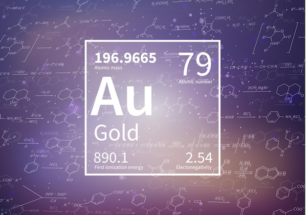 科学的背景に最初のイオン化エネルギーの原子質量と電気陰性度の値を持つ金の化学元素