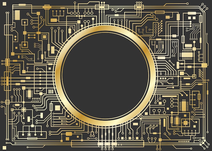 Vector 黒に分離されたゴールドチップセットデジタル背景。 cpu技術の概念。ベクトルの水平方向の図。