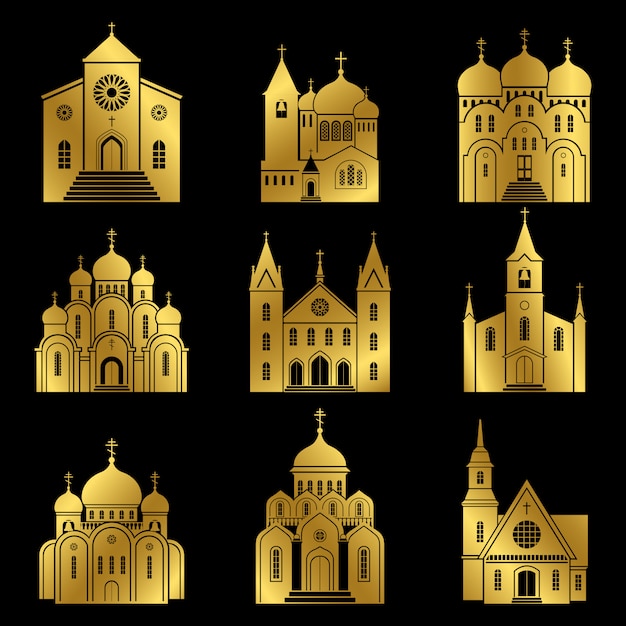 Vector gold christian church icons on black background