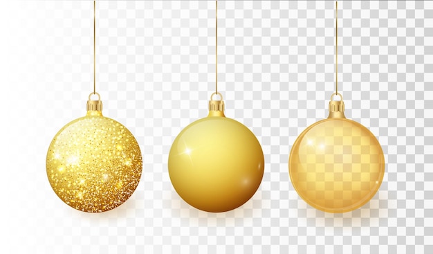 透明な背景に分離されたゴールドのクリスマスツリーのおもちゃセットは、クリスマスの装飾のベクトルをストックします