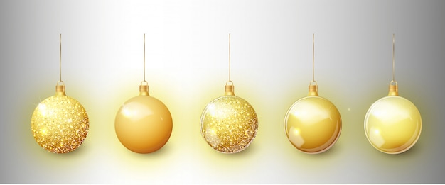 Vector gold christmas tree toy set isolated on a transparent background. stocking christmas decorations.