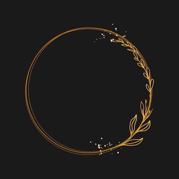 Gold circle frame with a wreath of leaves on a black background.