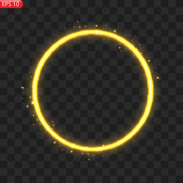 キラキラ光の効果のある金色の円フレーム金色の閃光が光るリングの中で円を描くように飛ぶ
