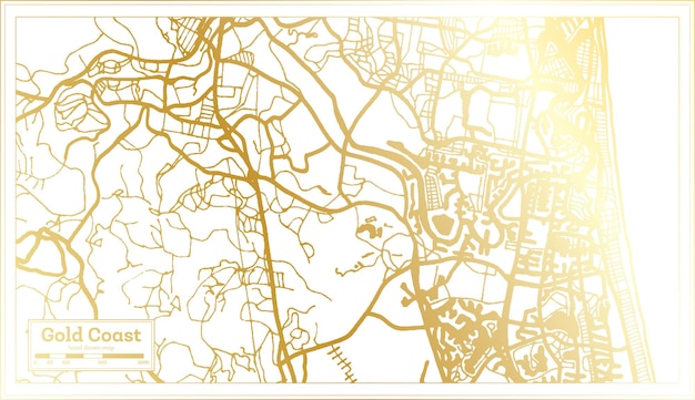 Vettore mappa della città di gold coast australia in stile retrò con mappa di contorno a colori dorati