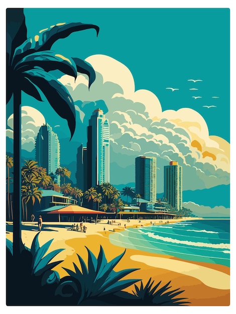 Gold Coast Australia Vintage Travel Poster Souvenir Postcard Portrait Painting WPA Illustration