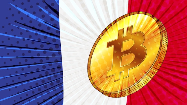 비트코인 BTC의 금화와 프랑스 중앙은행의 배경색 깃발은 광업 및 디지털 자산에 관한 법률을 채택합니다.