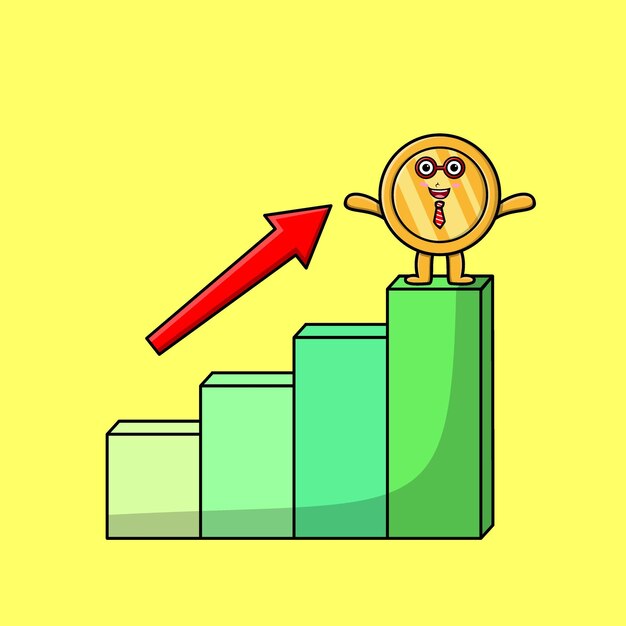 Gold coin cute businessman mascot character with a deflation chart cartoon style design