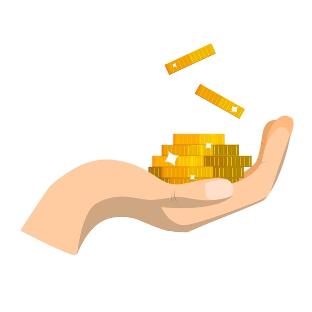 Gold coin in hand Concept of charity donate Stack of coins Giving or receiving take money Vector illustration flat design