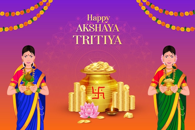 행복한 Akshaya Tritiya 축제를 위한 Kalash의 금화