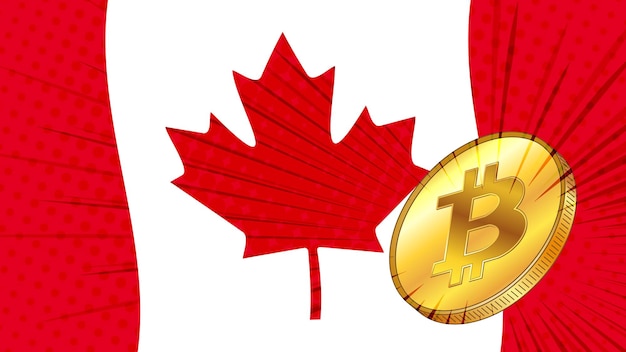 비트코인 btc의 금화와 캐나다 중앙은행의 배경색 깃발은 광업 및 디지털 자산에 관한 법률을 채택합니다.