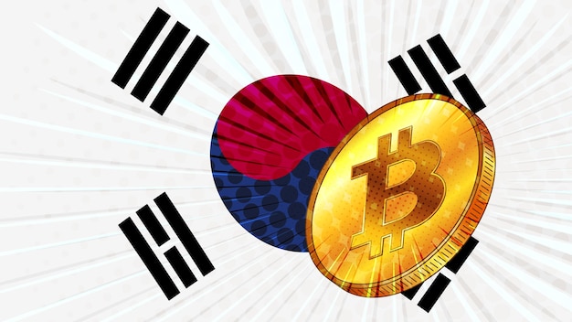 ビットコイン btc の金貨と背景に韓国の色付きの旗 韓国中央銀行は、マイニングとデジタル資産に関する法律を採用しています