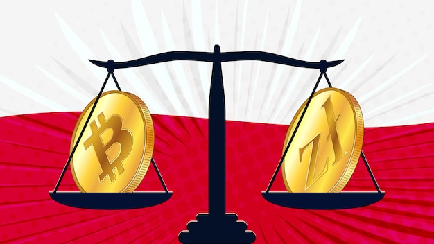Вектор Золотая монета биткойн btc и польский злотый pln на весах и цветной флаг польши на заднем плане центральный банк польши принимает законы о цифровых активах cbdc