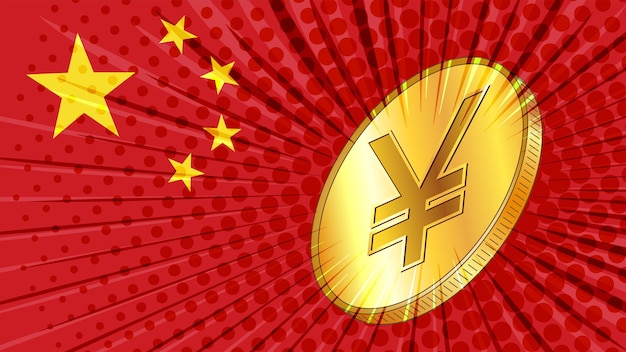 中国通貨人民元の記号と中国の赤い旗が付いた金貨中国はデジタル人民元を作成しました