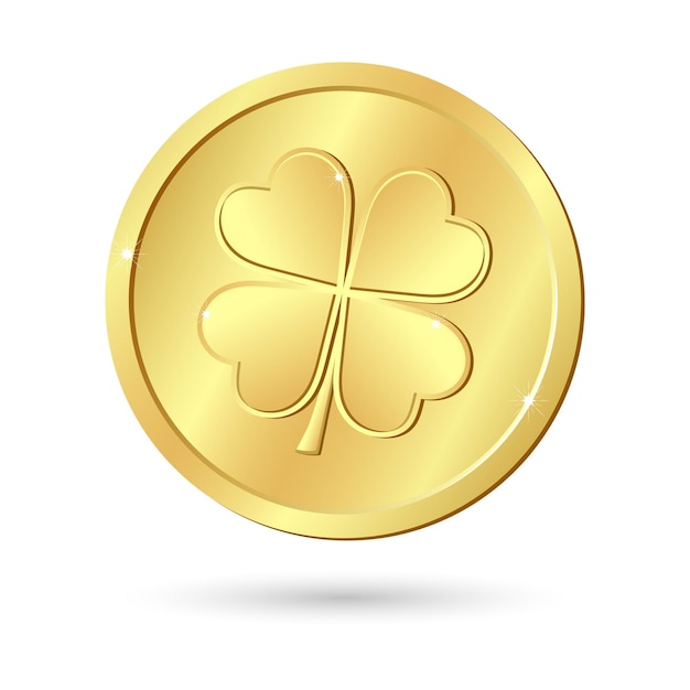 Vector gold coin with clover leaf, shamrock. st. patrick's day. traditional irish symbol, mascot, icon