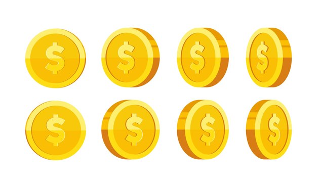 Gold coin with dollar sign rotation vector illustration set isolated on white background