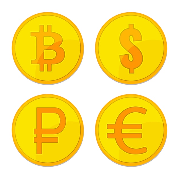 Gold coins different currency. Bitcoin, dollar, euro, ruble, bitcoin signs for business, finance, exchange money theme.