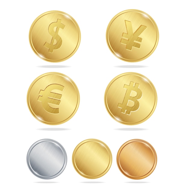 Gold Coins Dollar Euro Bitcoin Yuan Set Vector illustration