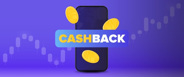 Gold coins fall near the phone. The concept of earnings. Cashback banner. Vector illustration.