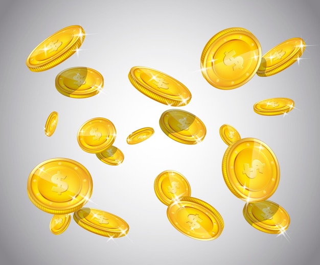 Gold coins falling down from sky. Rain from Golden Coins isolated on white in different positions