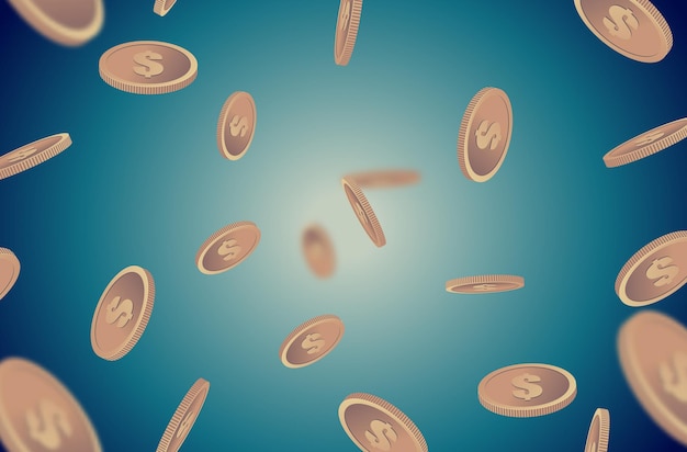 Gold coins falling retro background isolated on light in different positions. festive golden shining money shower turquoise