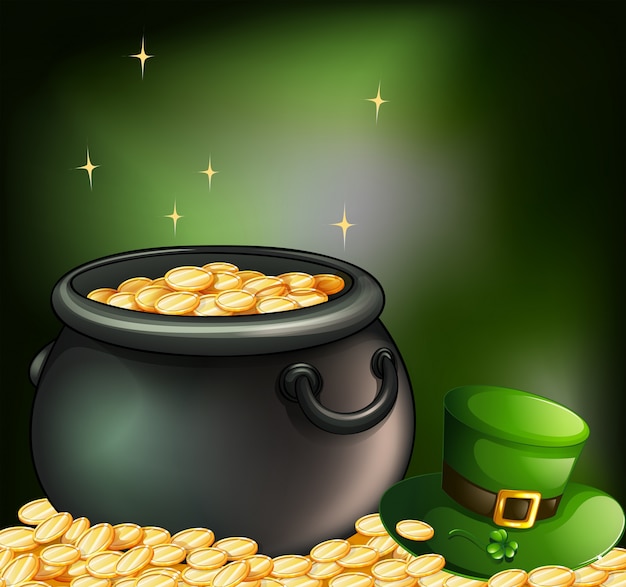 Gold coins inside a pot and a green hat