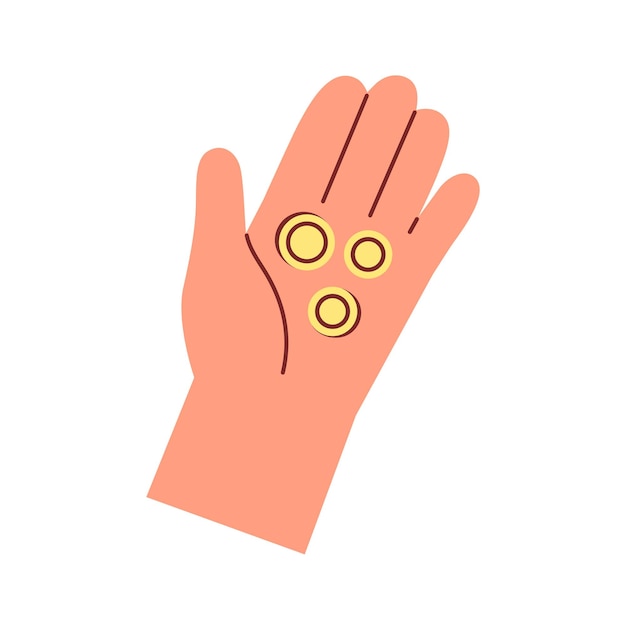 gold coins in palm. hands holding cash change for charity and help. alms, mercy and financial support, aid concept. contribution and donation. flat vector illustration isolated on white background.