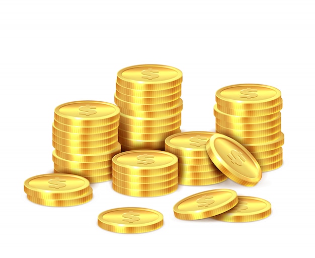 Pila di monete d'oro. mucchio realistico dei soldi della moneta del dollaro dorato, contanti impilati. bonus del casinò, concetto di profitti e entrate
