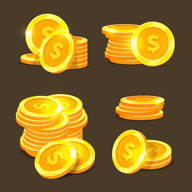 Le monete d'oro vector le icone, pile dorate delle monete e mucchi
