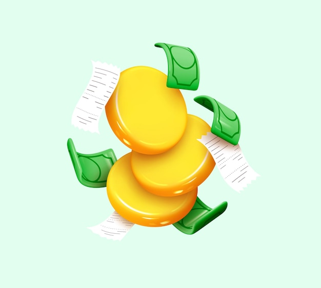 Vector gold coins with green paper dollars, cashier's checks. realistic 3d design in cartoon style. business financial investment. creative concept. trade cash back. save savings. vector illustration