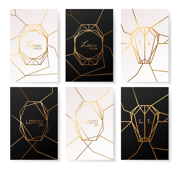 Vector gold collection with geometrical polyhedron art decoration style for wedding invitation