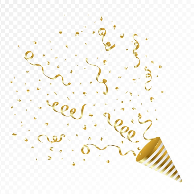 Gold color confetti ribbon and party popper on a white background with a transparent effect