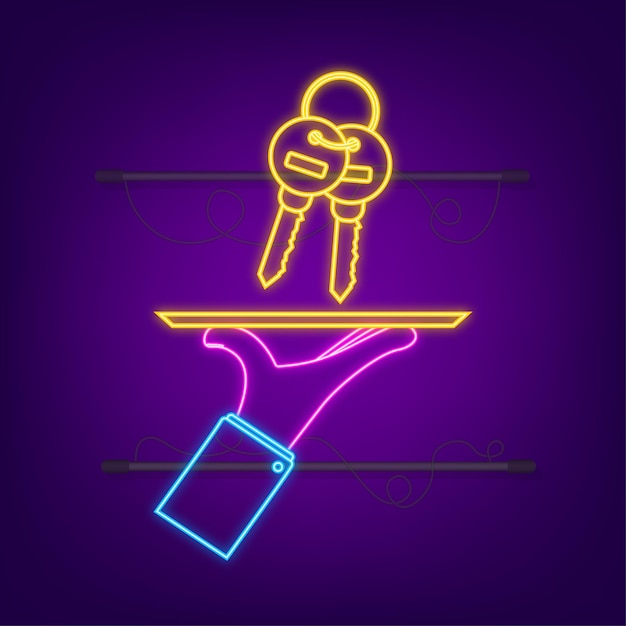 Gold color keys handing over hand on white background. neon. vector stock illustration.