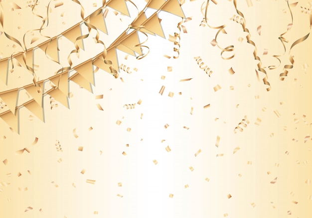 Vector gold confetti, streamers and party flag. celebration background.