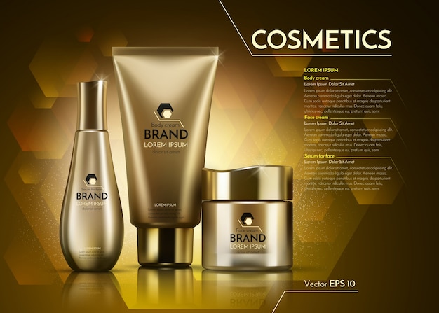 Gold cosmetics realistic package ads template.