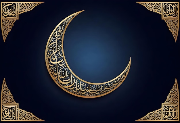 a gold crescent moon with a gold border and cligraphy inside it on a blue background