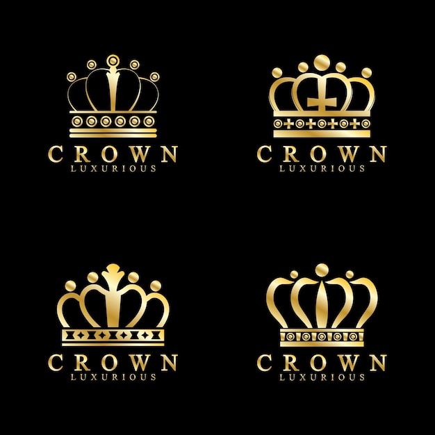 골드 크라운 아이콘 퀸 킹 골든 크라운 럭셔리 로고 디자인 벡터 검정색 배경