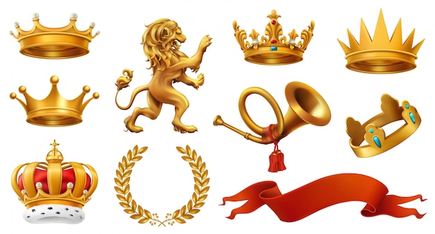 Gold crown of the king. laurel wreath, trumpet, lion, ribbon.