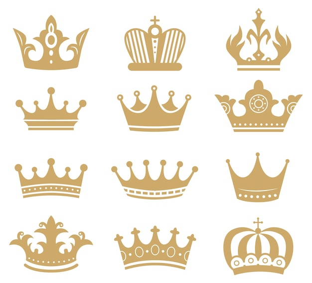 Gold crown silhouette royal king and queen elements isolated on white monarch jewelry diadem or tiara for princess