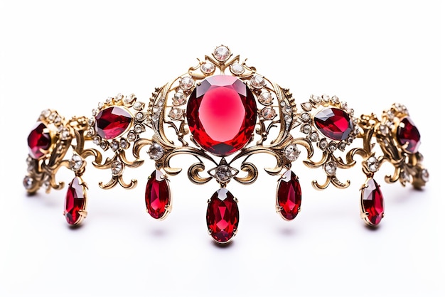 Gold crown with red ruby stone isolated on white background