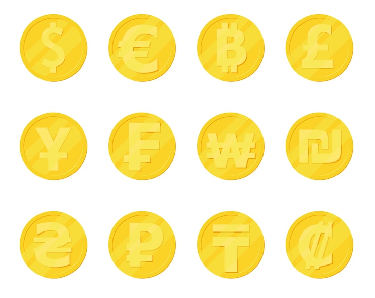 Vector 금 통화 동전 국가 및 암호화 황금 동전 세트 3d bitcoin 유로 달러 루블 위안 노란색 금융 벡터 일러스트 레이 션 다른 세계 돈 국제 교환기 표지판